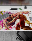 40x20 inches anime desk pad in neon pink and warm gold, high-impact rage scene over cracked stone.