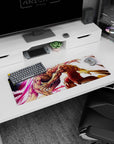 32x12 inches anime mouse pad showing a snarling brawler vs a red-shorts fighter, fist cocked mid-strike.