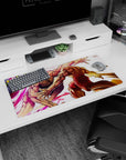 32x16 inches anime mouse pad showing a snarling brawler vs a fighter in red shorts, mid-impact clash.