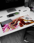 Anime desk pad 36x16 inches showing a snarling brawler vs fighter in red shorts, fist cocked mid-strike.