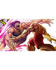 Anime desk pad 40x20 inches featuring a brutal clash of two hulking fighters with neon slash trails.