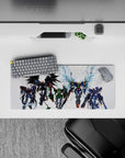28x12 inches anime mouse pad in black, green, and steel-gray with icy blue accents, loud heroic vibe.