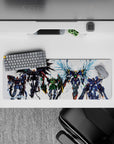 32x12 inches anime mouse pad in black, green, and steel-gray with icy blue wings, fast heroic vibe.