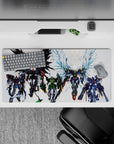 32x16 inches anime mouse pad in black, green, and steel-gray with icy blue wing flare, bold heroic vibe.