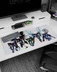 36x16 inches anime desk pad featuring a towering mech with shattered-glass blue wings leading a suit lineup.