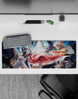 Fiery embers on cool blue sky anime desk mat, orange highlights and crisp metal trim, 32x12 inches.