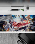 36x16 inches anime desk pad in cool blue sky with fiery orange embers, high-energy battle mood.