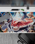 40x20 inches anime desk pad in cool blue sky with fiery orange embers, high-energy battle mood.