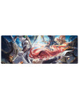 Cliffside anime battle scene mouse pad, red-haired fighter vs green-haired warrior, 32x12 inches.