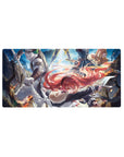 32x16 inches anime mouse pad with cliffside duel, red-haired fighter vs green-haired warrior, embers flying.