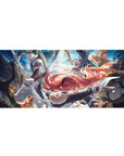 36x16 inches anime desk pad with cliffside duel, red-haired fighter vs green-haired warrior, embers flying.