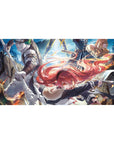 40x20 inches anime desk pad with cliffside duel, red-haired fighter vs green-haired warrior, embers flying.