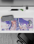 32x12 inches pastel lavender grid anime desk mouse pad, dreamy calming kawaii vibe with soft sparkles.