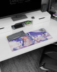 28x12 inches anime girl desk mat, blue-to-lilac hair, teasing smile, hand-to-lips on plush clouds.