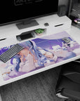 Teasing anime girl in white hoodie among plush clouds desk pad 40x20 inches, hand to lips pose.