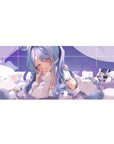 Pastel anime girl desk pad 36x16 inches with plushies, clouds, and sparkly grid background.