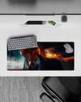 Cinematic 28x12 mouse pad with a contemplative figure in neon-lit city streets, with warm oranges, deep blues, and crimson hair for a moody desk vibe