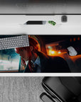 Moody 36x16 desk pad featuring neon reflections and a thoughtful figure, perfect for fans of introspective anime scenes with dramatic lighting