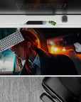 Cinematic 40x20 desk pad with neon reflections and city lights, capturing a moody, introspective scene with deep blues, warm oranges, and crimson hair