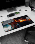 Cinematic 32x16 mouse pad featuring a contemplative figure with crimson hair, neon reflections, and city lights for a dramatic and atmospheric workspace