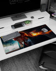 Cinematic 36x16 anime desk mat with neon reflections, city lights, and a contemplative figure, creating a powerful, introspective atmosphere