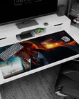 Introspective 40x20 anime desk mat featuring a figure lost in thought, with neon lights, warm oranges, deep blues, and crimson hair for a dramatic atmosphere