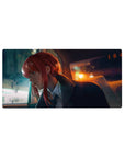 Neon reflections 32x16 mouse pad featuring a figure lost in thought, with piercing crimson hair and cinematic neon lights in warm oranges and deep blues