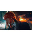 Neon reflections 40x20 desk pad featuring a contemplative figure lost in thought, with warm oranges, deep blues, and piercing crimson hair for a cinematic vibe