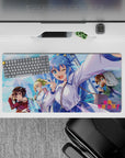 KonoSuba anime mouse pad 32x16 inches featuring Aqua, Megumin, Darkness, and Kazuma with vibrant city and sky background.