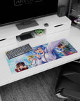 KonoSuba anime mouse pad featuring Aqua, Megumin, Darkness, and Kazuma, 32x12 inches, vibrant city backdrop, vivid colors.