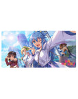 KonoSuba anime mouse pad 32x16 inches featuring Aqua, Megumin, Darkness, Kazuma under bright skies and city vibes.