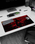 Modern 32x16 inches mouse pad with Itachi Uchiha, featuring crimson skies and black ravens, reflecting his intense aura and mystery.