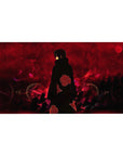 Desk pad featuring Itachi Uchiha in his Akatsuki cloak, 40x20 inches, with crimson skies and black ravens, capturing mystery and power.