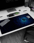Large 40x20 inches desk pad featuring synthwave design, with a vibrant neon forest and the kanji for "dream," blending nature and digital aesthetics.