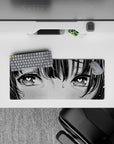Blushing anime girl mouse pad 28x12 inches in soft gray tones with bold black line art, lovestruck vibe.
