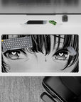 32x16 inches anime girl mouse pad in soft gray tones with bold black line art, blushing lovestruck mood.