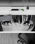 36x16 inches desk pad in gray tones with bold black ink, blush cheeks, cute nervous lovestruck mood.