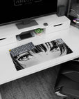 Closeup of nervous anime girl with heart-shaped pupils and sweat drop on a 28x12 inches desk mouse pad.