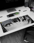 36x16 inches anime desk pad close-up of blushing girl with heart pupils, sweat drop, and messy bangs.