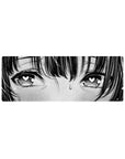 32x12 inches anime girl mouse pad with blushing close-up, heart eyes, crisp ink lines and halftone manga dots.