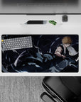 32x16 inches mouse pad with Ichigo Kurosaki in a battle-ready stance, glowing blade, and dark stormy tones for an intense Bleach design.