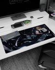 Artistic 36x16 inches mouse pad showcasing Ichigo Kurosaki with shattered debris, glowing blade, and dark stormy tones for intensity.