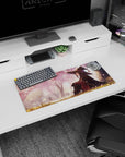 Mouse pad 28x12 inches featuring Megumin from Konosuba under sakura trees, creating a serene and magical desk space.