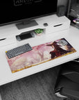 Megumin from Konosuba under sakura trees on a 32x12 inch anime mouse pad, pink petals in warm light, adding magic to your desk.
