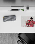 14x10 inches classic anime mouse pad in soft pink with red accents, crisp lines, playful victory vibe.