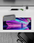 28x12 inches mouse pad with a vibrant futuristic scene, showcasing glowing spacecraft and a shimmering lake beneath neon skies and towering cliffs.