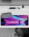 32x12 inches mouse pad with a vibrant futuristic landscape, featuring glowing spacecraft flying over a shimmering lake beneath neon skies.