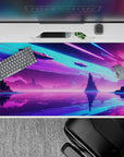 40x20 inches desk pad with a vibrant futuristic landscape, blending neon skies, towering cliffs, and sleek spacecraft for a bold vision of the future.