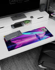 Artistic 32x12 inches mouse pad with a futuristic landscape, blending sleek spacecraft, glowing horizon, and towering cliffs in a visionary design.