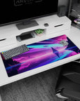 Artistic 36x16 inches desk pad with a futuristic landscape, blending neon skies, sleek spacecraft, and towering cliffs for a bold, visionary design.